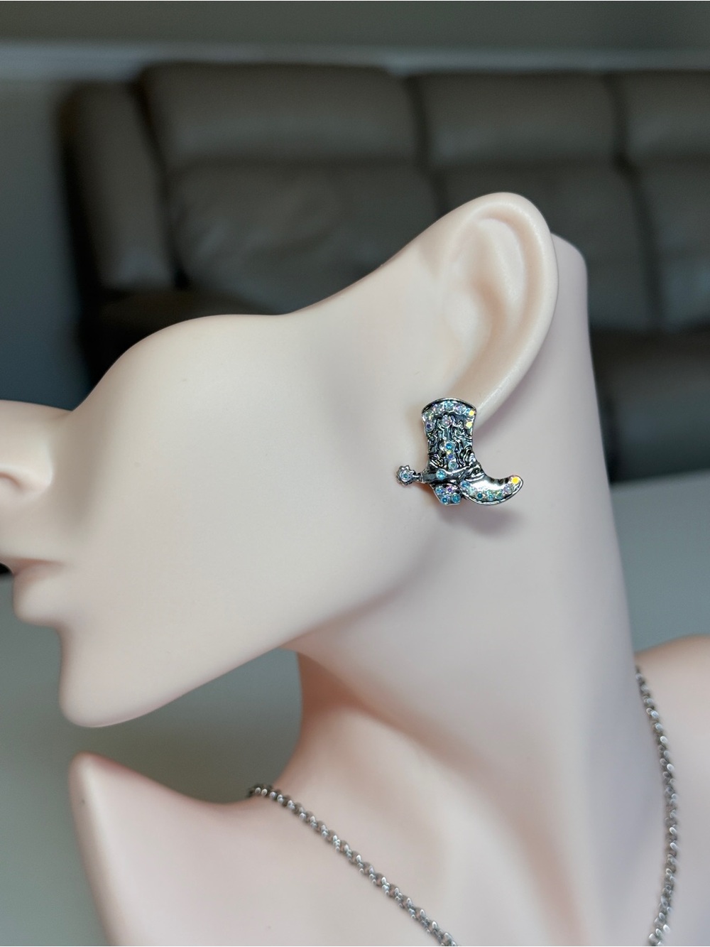 Western Cowboy Boot Stud Earrings - Silver Tone